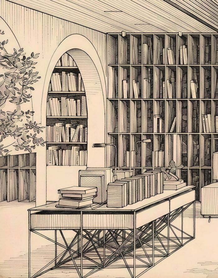 Графика: арка со стеллажами и стол с книгами в зале лавки